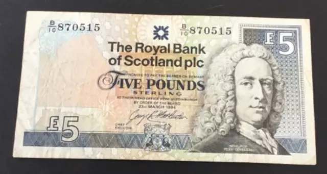Banknote Of Scotland Five Pounds The Royal Bank Of Scotland Dated 1994.