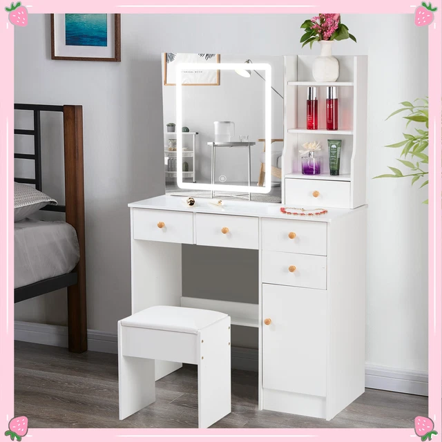 White Dressing Table w/ LED Lighted Mirror Drawers Vanity Make Up Desk Stool Set