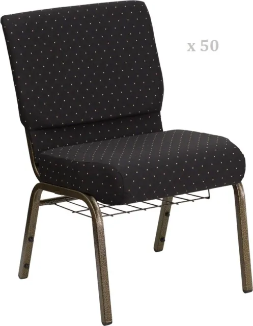 50x Black Dot 21'' Wide Church Chairs Gold Frame Book Rack 4” Seat Pad 800 Lb