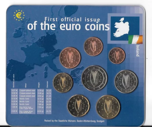 IRELAND EURO SET 1 CENT -  2 EURO 2002 UNC Euro First Official Issue, Sealed. B6