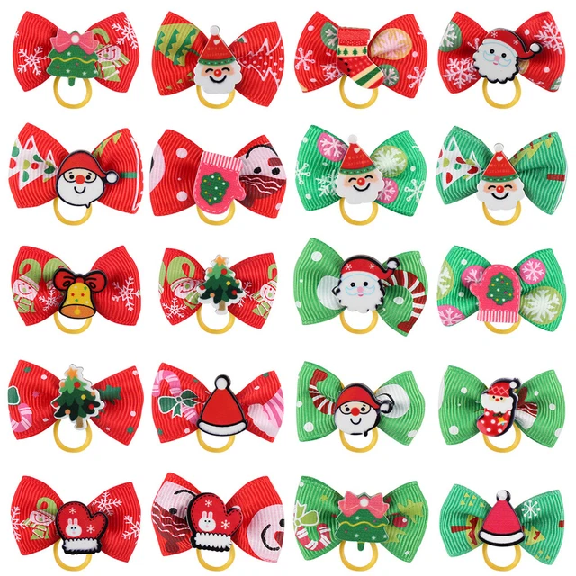 Anillos para el pelo de mascotas Balacoo 20 piezas con forma de moño corbatas para el cabello con temática navideña cola de caballo H