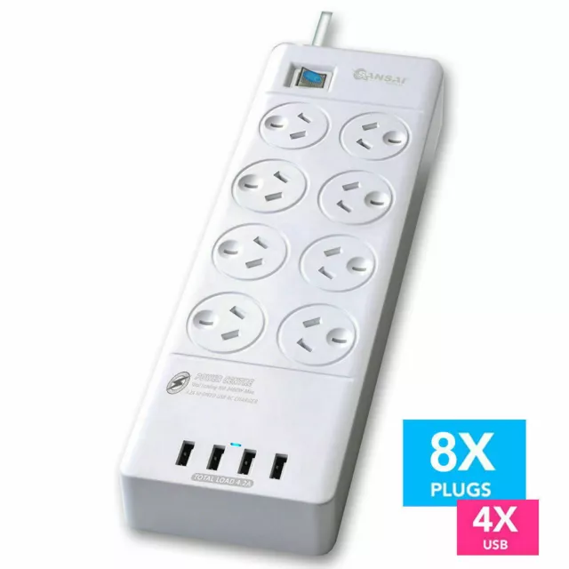 8 Way Sansai Power Board Outlets Socket 4 USB Charging Charger Ports with Surge