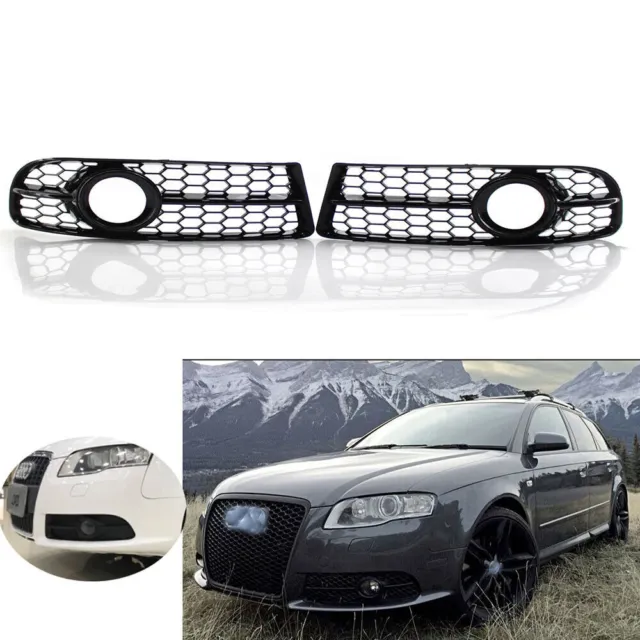 2X Glossy Black Honeycomb Lower Fog Light Grille for Audi A4 B7 S-Line 05-08