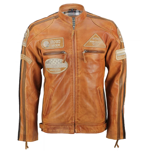 XPOSED Mens Real Leather Tan Brown Racing Badges Biker Jacket Vintage Retro Look