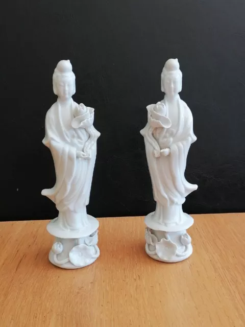 Pair Chinese Porcelain Blanc de Chine Figures Guanyin Lotus 16cm