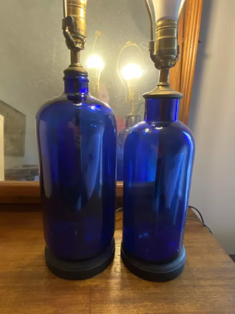 2 Antique Cobalt Blue TABLE LAMPS WINE Bottles