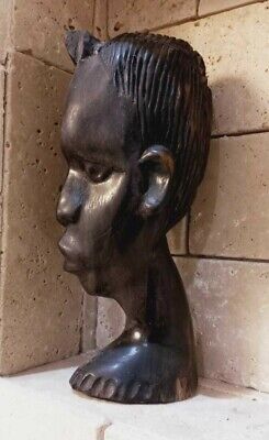 Vintage Old African Ebony Wood Hand Carved Sculpture Statue Bust Head Art