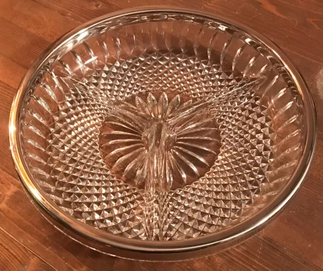 Vintage Crystal And Silver Plate Divided Dish 9” Diameter Relish Dish