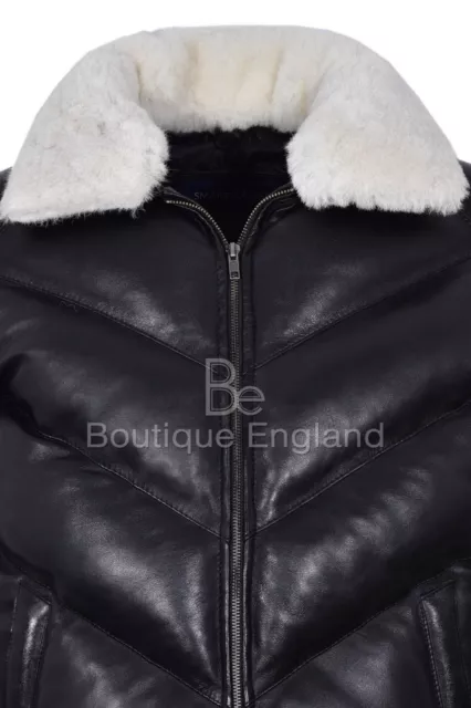 Men's Puffer Leather Jacket Fur Collar WARM Bomber Black REAL LEATHER Jacket Ace 6