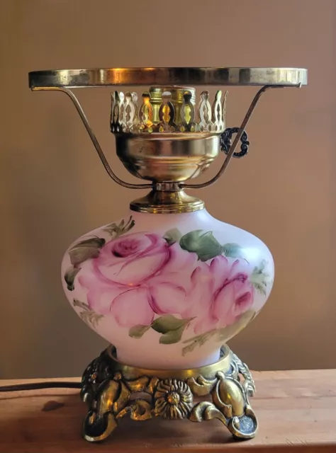 Vintage Pink Roses GWTW Hurricane Lamp Hand Painted Base Only