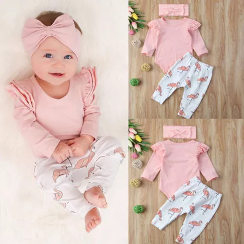 3PCS Set Newborn Baby Kids Girl Clothes Romper Shirt Tops+Flamingo Pants Outfits