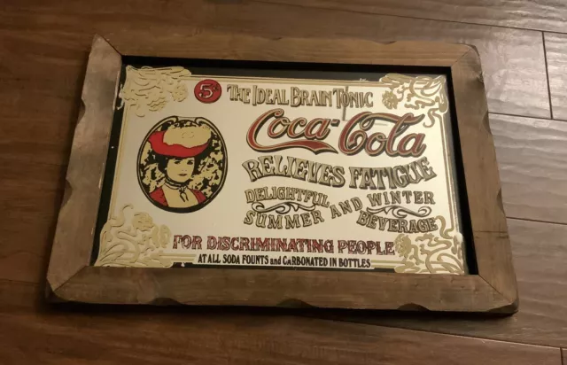 Vintage The Ideal Brain Tonic Coca Cola Mirror Sign Wood Frame