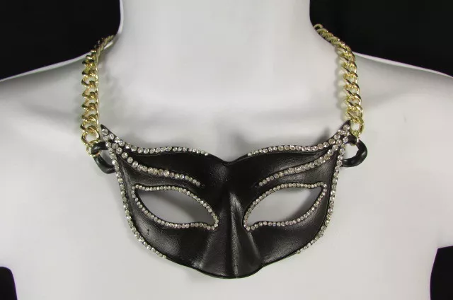 Nuevo de Mujer Oro Cadena Metal Negro Veneciano Cara Máscara Collar Moda Grande