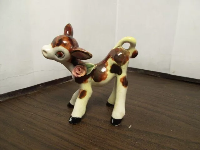 Vintage Ceramic Spotted Baby Cow Calf Figurine - Applied Rose - Flower