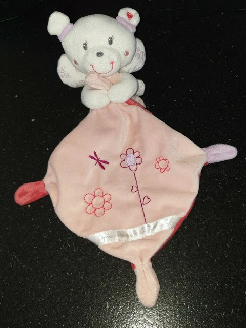 Peluche Doudou Ours Blanc Ailes Fleurs Brodées Ange Mouchoir Rose Pommette