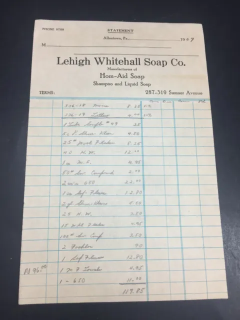 Vtg 1947 Allentown PA Lehigh Whitehall Soap Co Letterhead Statement Pennsylvania