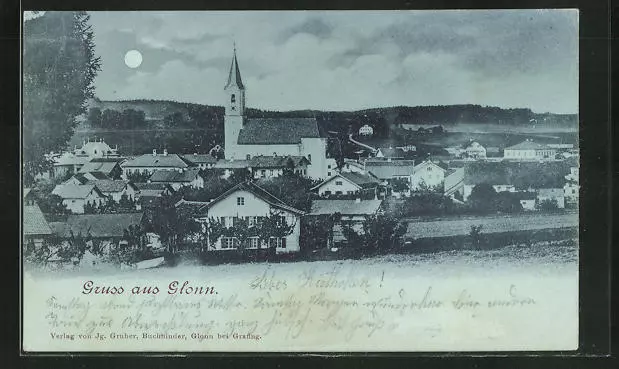 Mondschein-AK Glonn, Ortsansicht mit Blick zur Kirche 1899