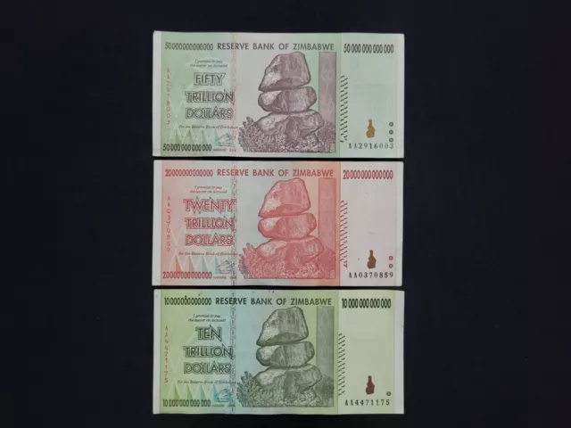 Zimbabwe Trillion Set 10 , 20, 50 Trillion Lot 3 Pcs