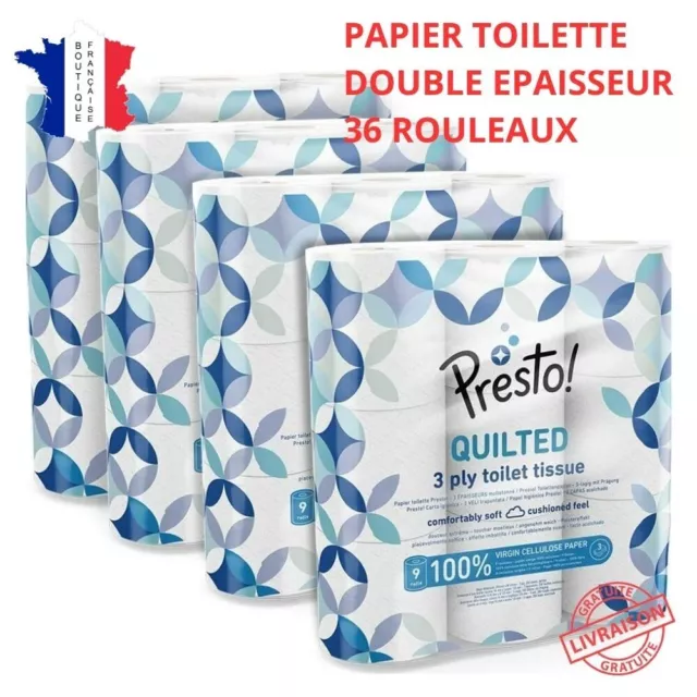 Papier Toilette 3 Epaisseurs Matelassé Lot de 36 Rouleaux 4 x 9 x 200 Feuilles