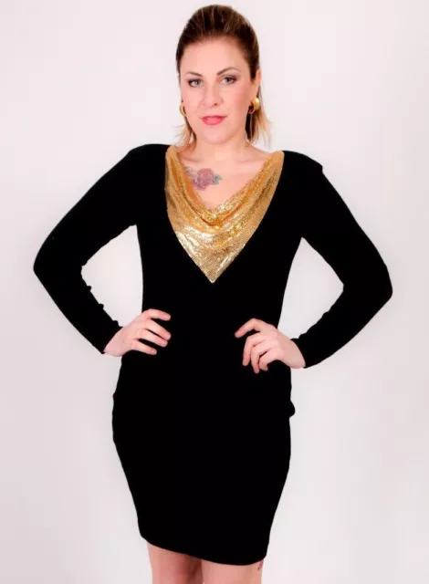 80s designer vintage black & gold chain mail wiggle bodycon dress Andrea Jovine 3