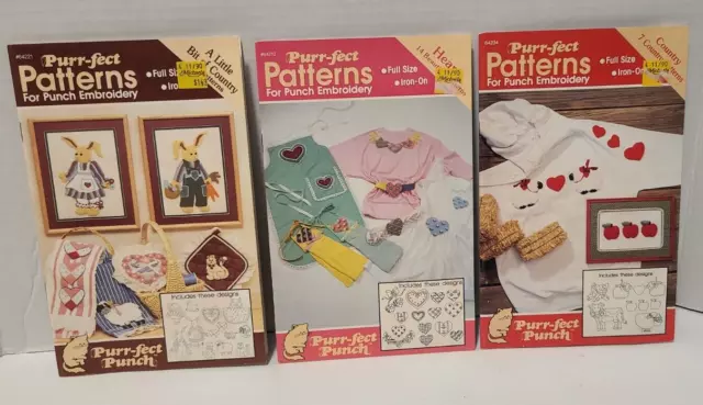 Lote de 3 patrones de bordado punzón vintage Purr-fect corazón campo