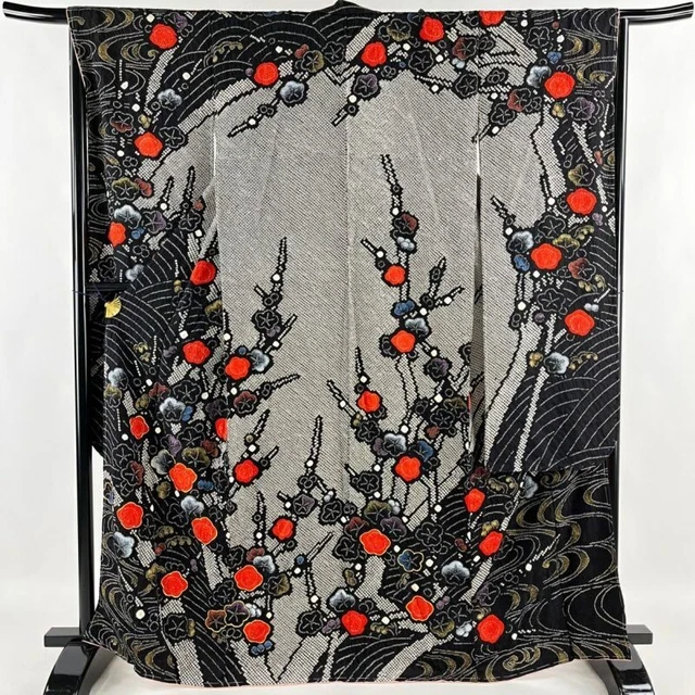 Woman Japanese Kimono Furisode Silk PlumBlossom Running Water Shibori Gold Black