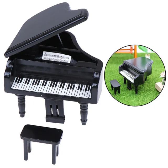 1:12 Dollhouse Miniature Black Wooden Grand Piano with Stool Model Play To-wf