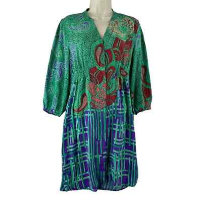 ECI New York Dress Womens Medium Green Paisley Silk V-Neck Gathered Back