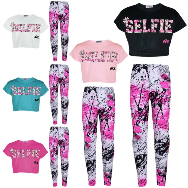 Kids #SELFIE Splash Print Set Crop Top Leggings Outfit Girls Age 5-13 Years