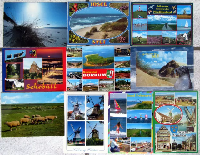 10 Ansichtskarten BRD, NORDSEE und OSTSEE, mit Briefmarken, befördert, 1995-2001