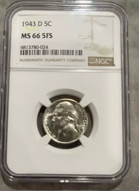 1943-D Jefferson Silver War Nickel ~ NGC MS66 5FS ~ FULL STEPS FS GEM BU