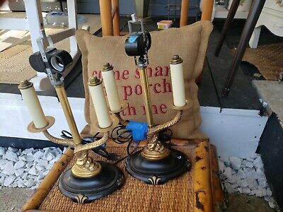VTG Bouillotte Lamp, Brass with Intertwined Dolphins, Double Socket, Wooden Base