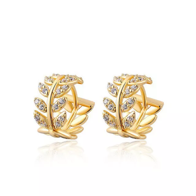 Women Leaf Crystals Hoop Huggie Earrings Dangle Rhinestone Ear Studs Earring