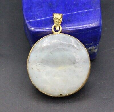 Afghan Turkmen Glass Jade Stone Pendant, Gold Wash Round Shape Pendant,