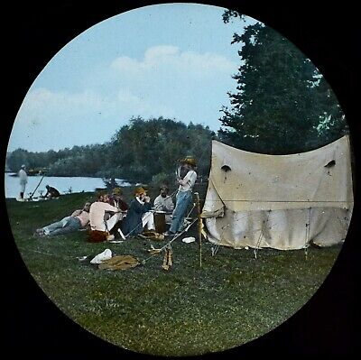 CAMPING OUT THE  RIVER THAMES C1887 OLD PHOTOGRAPH Magic Lantern Slide
