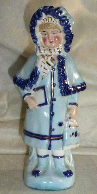 Rare Antique Victorian Staffordshire Figure Girl in Blue & White, Fairing c1880