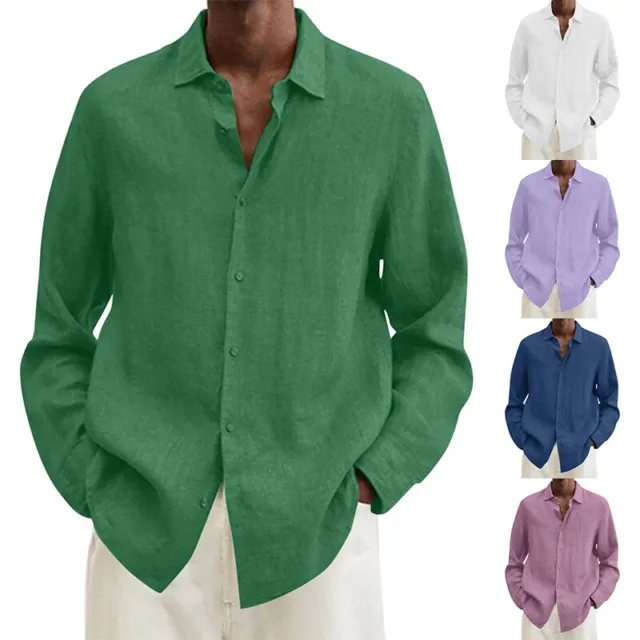 Homme Coton Lin Chemise Manches Longues Solide Bouffant Boutonnière Haut TShir *