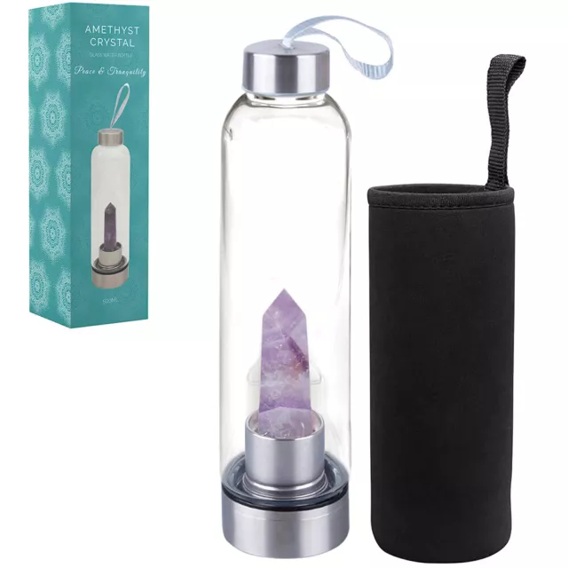 Crystal-Infused Reusable Glass Drinking Bottle | Amethyst | Quartz | Rose Quartz