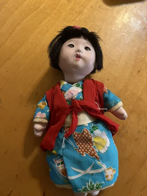 VTG  Ichimatsu Gofun Japanese Baby Girl Doll 7.5” 1960s Z10bb