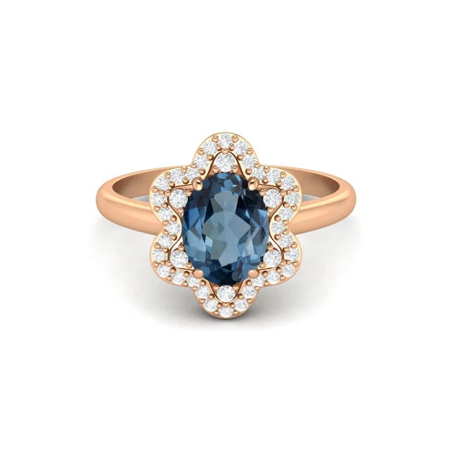 8x6mm Forme Ovale Naturel Topaze Bleu Londres 10k or Rose Fiançailles Femme Ring