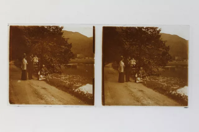 Famille Lac France Photo Stereo Amateur P50L5n1 Plaque de verre Vintage c1910