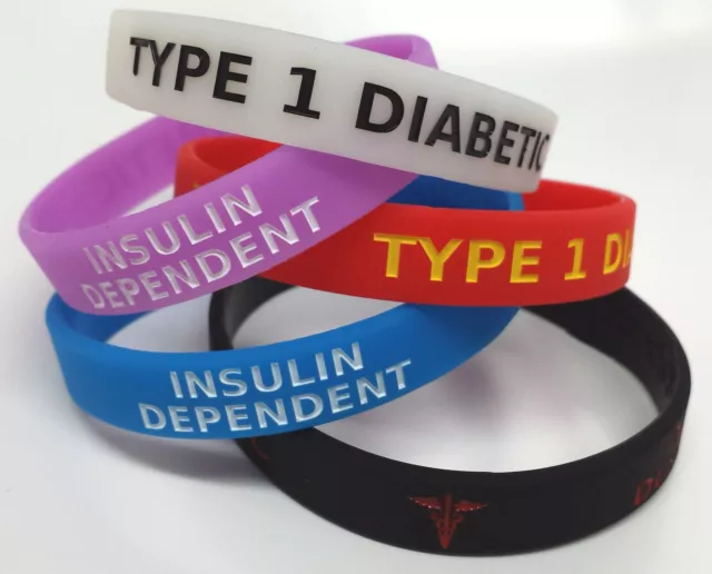 5x TYPE 1 DIABETIC 202mm Adult diabetes Wristband MEDICAL ALERT BRACELET