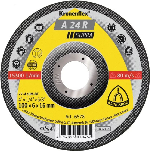 10 X Klingspor A 24R Disco de Molienda, 100 x 6 X 16MM Manivela