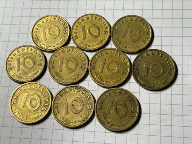 GERMAN WW2 Lot 10x Coins 10 Reichspfennig  1937-1939  SWASTIKA ( AL-BRO)