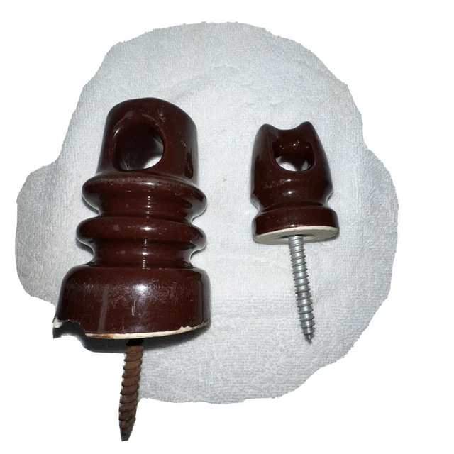 Large & Sm Vintage Ceramic Electric Screw Pin Porcelain Insulator ~ Brown Glaze