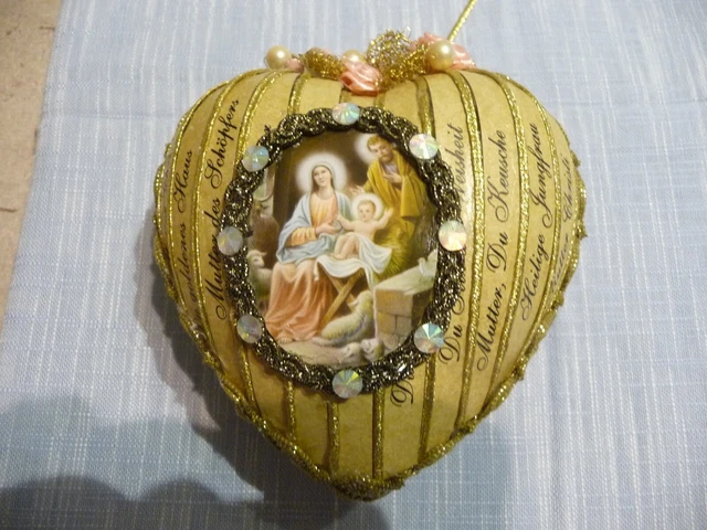 Klosterarbeit Herz mit lauretanischer Litanei 12 x12 cm, Hl. Familie, Handarbeit