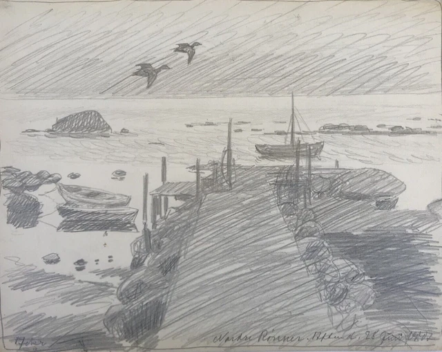 Karl Adser (1912-1995) Dinamarca Nordre Rønner Botes Y Aves Marinas Puerto Costa