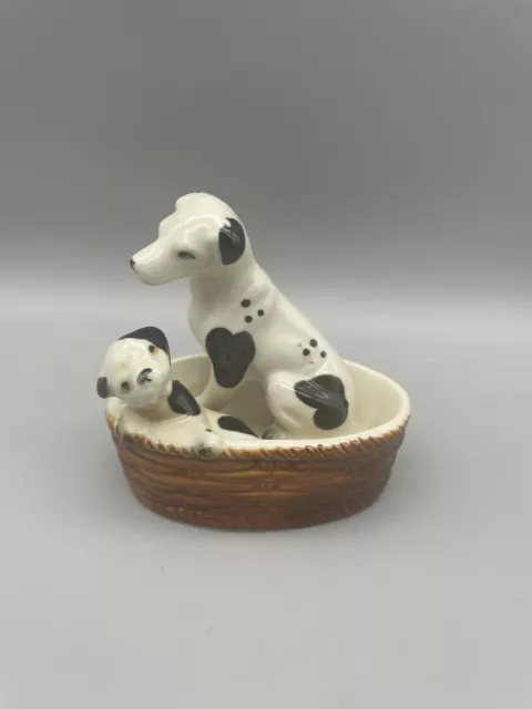 Vintage Ceramic Dalmatian And Puppy In Basket Figurine Ornament