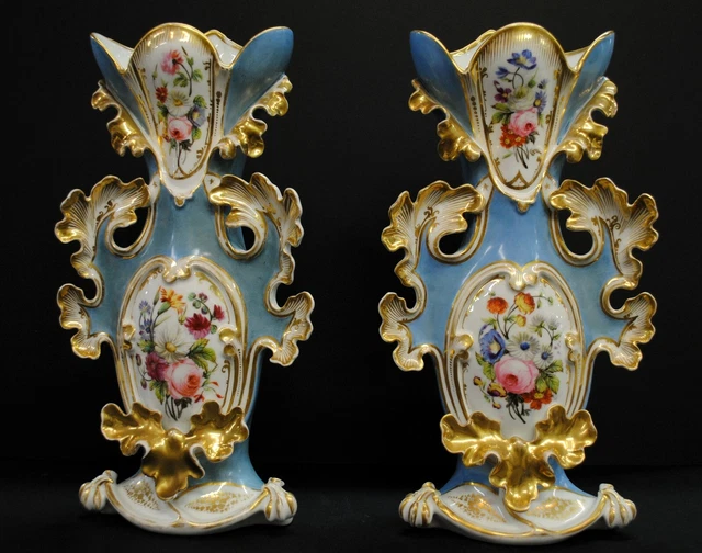 Pair- Old Paris Porcelain Decorative Vases, Late 19th Century, Victorian Style