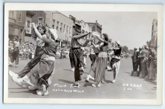 Tulip Time Dutch dancers, Holland, Michigan; photo postcard c. 1940